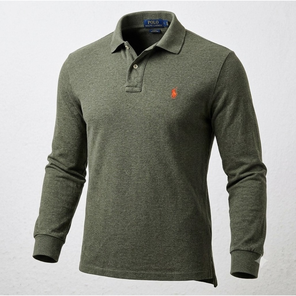 Polo Ralph Lauren Men's Dark Olive Green w Orange Pony Long Sleeve Polo. Size L